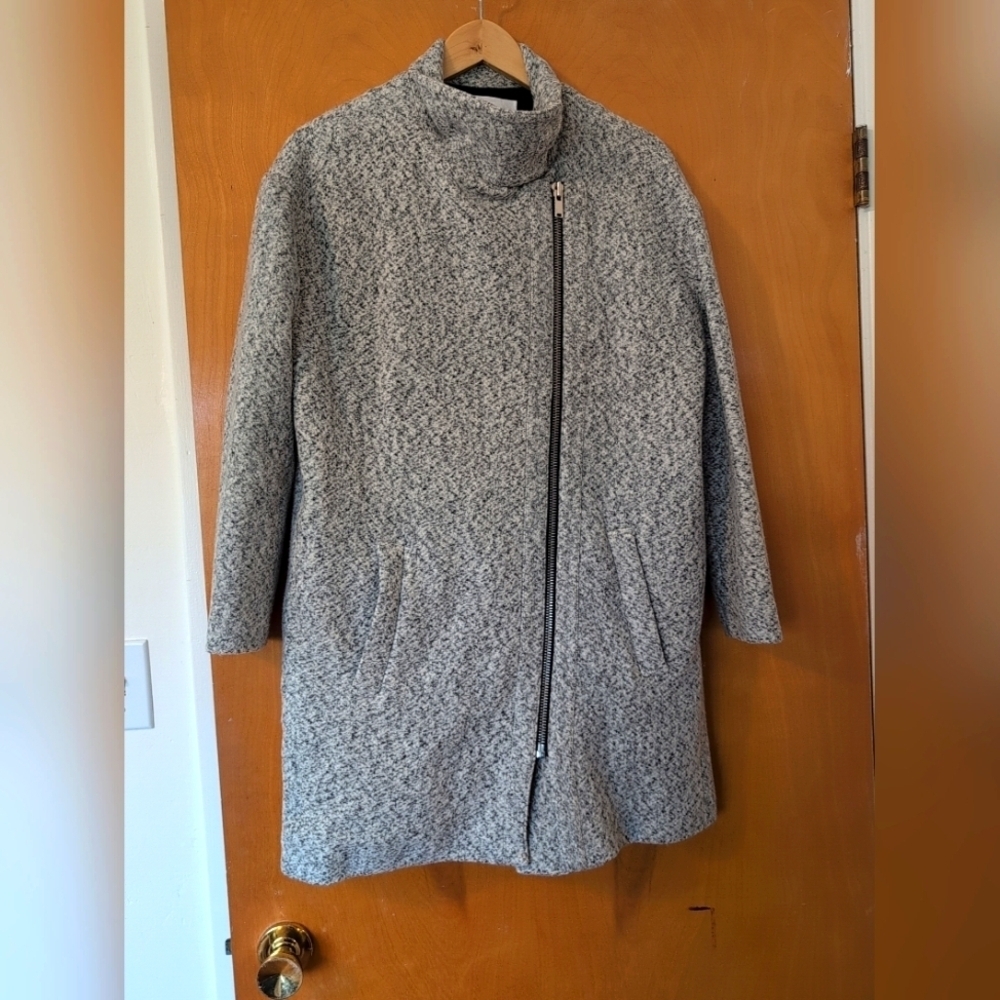 Mango MNG Mid-Thigh Length Warm Coat Overcoat Grey Lined Zipper EUC Size USA L